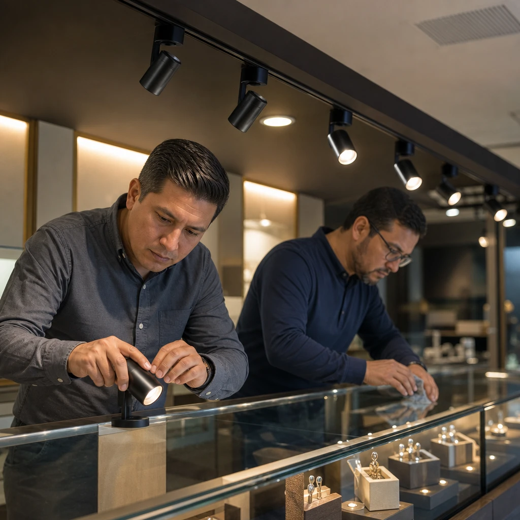 Focos orientables destacando productos en vitrina